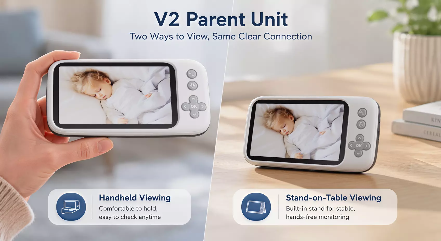 V2 Parent Unit — handheld and stand viewing