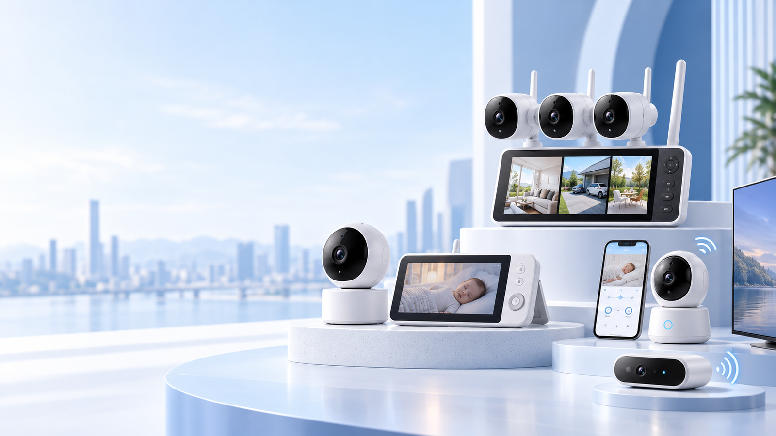 Camera and video monitoring devices: pan-tilt cameras, camera and display kits, a multi-camera split-screen display and a mobile viewing app