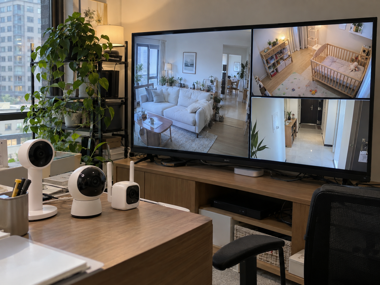 Three cameras connected to a large display showing a three-way split view of different rooms