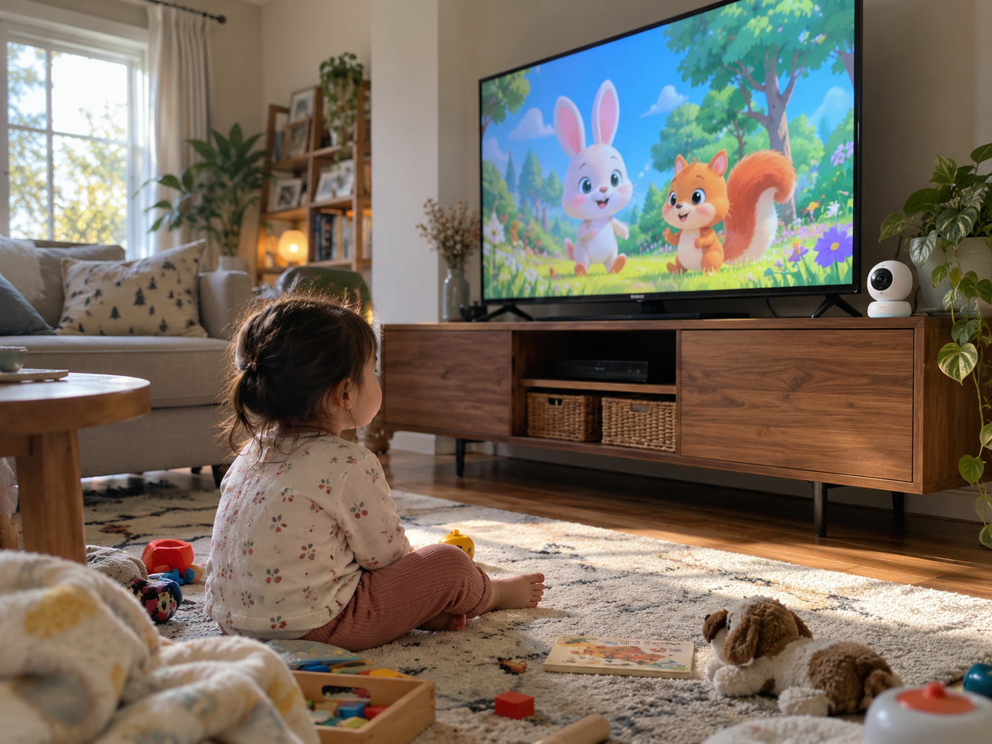 Indoor pan-tilt camera on a TV stand watching a living room where a child plays