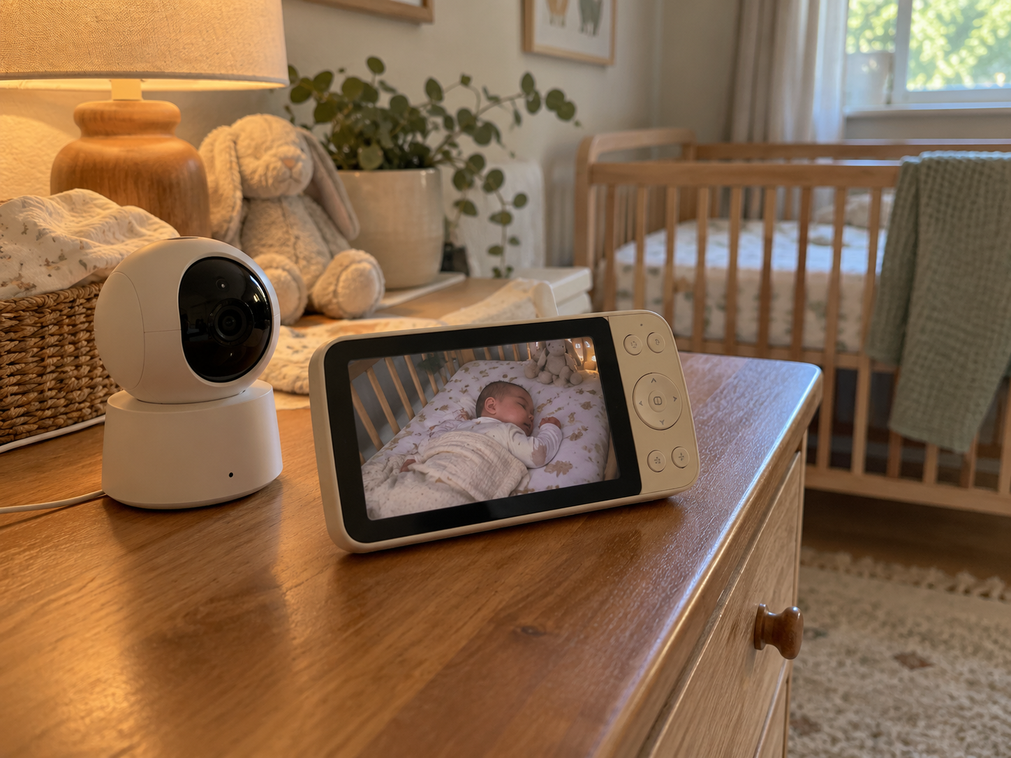 Pan-tilt camera and a handheld display unit on a nursery dresser, the display showing the sleeping baby