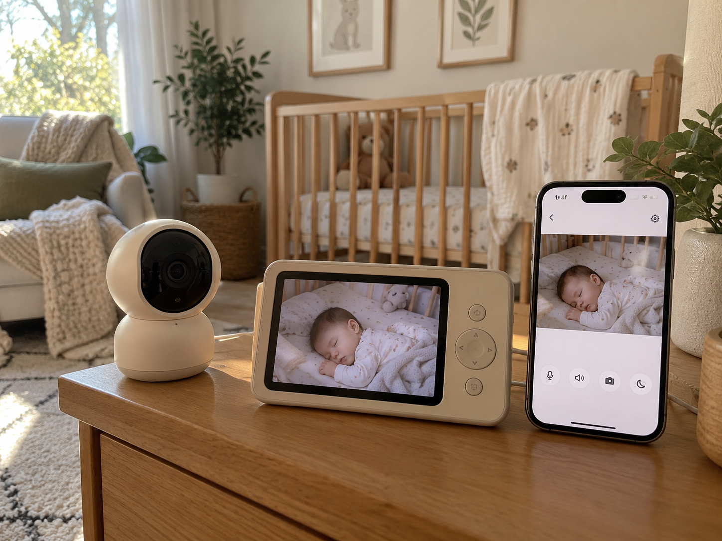 Pan-tilt camera with a dedicated display unit and a smartphone app showing the same live view of a sleeping baby